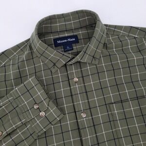 Mizzen+Main Mens XL Trim Fit Olive Green Windowpane Plaid Performance Shirt